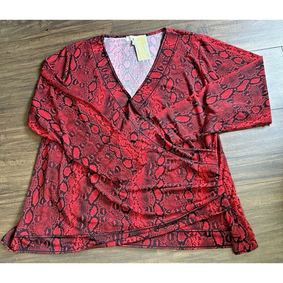 Michael Kors Women's Plus Size Top Snakeskin-Print Crossover Border Top Red 1X - Picture 3 of 8
